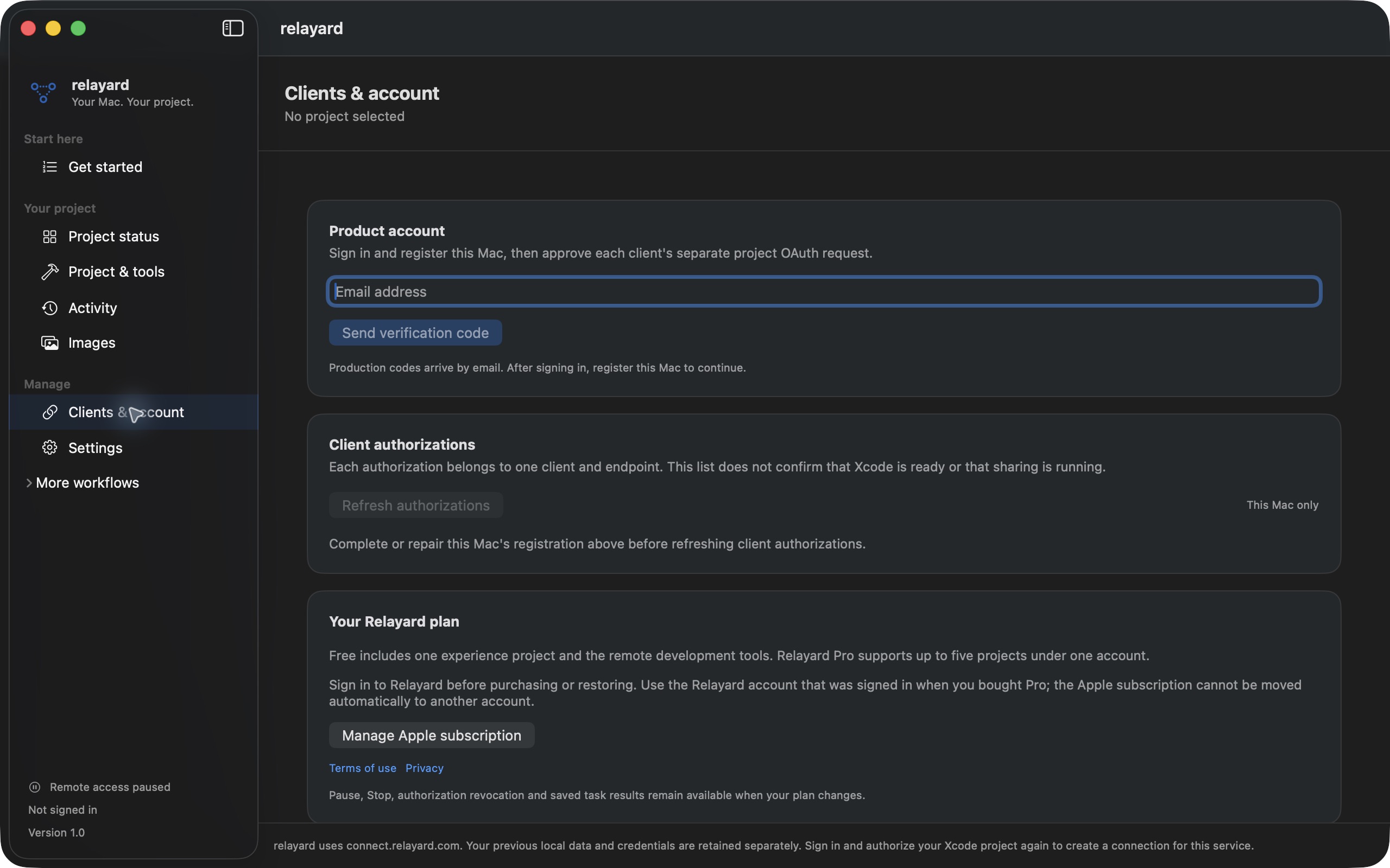 relayard 1.0 · Clients & account · Setup screen, signed out