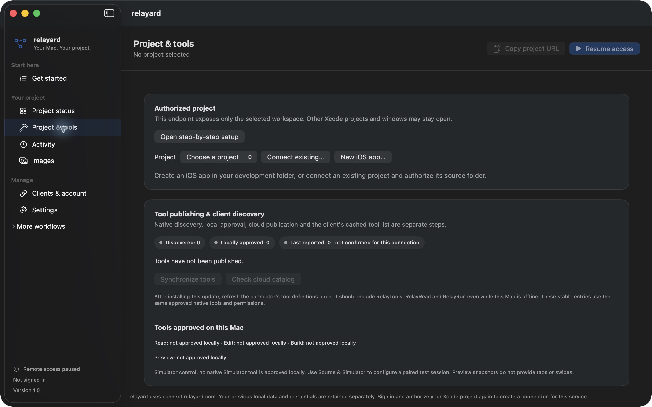relayard 1.0 · Project & tools · Setup screen, signed out