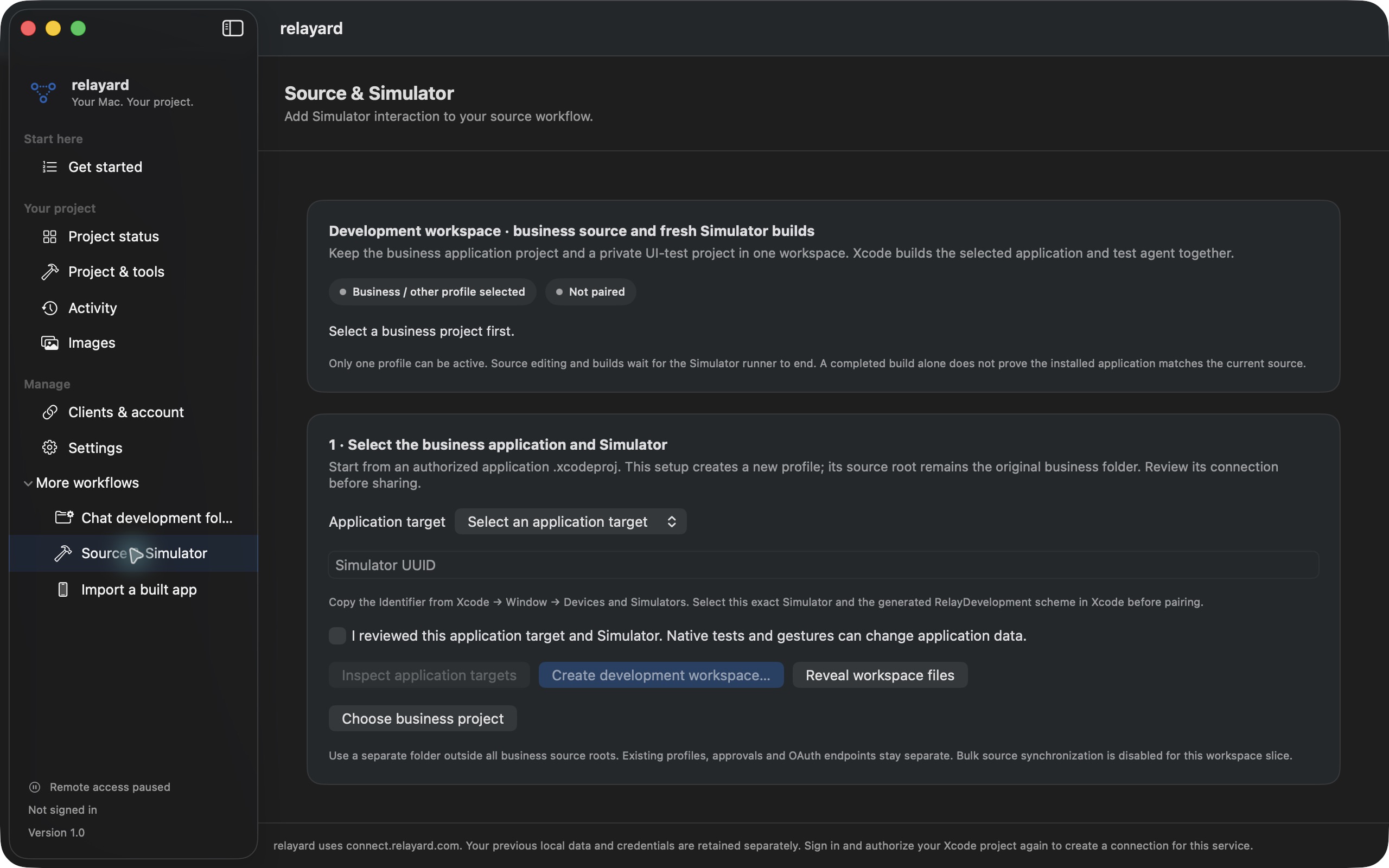 relayard 1.0 · Source & Simulator · No target selected or session paired